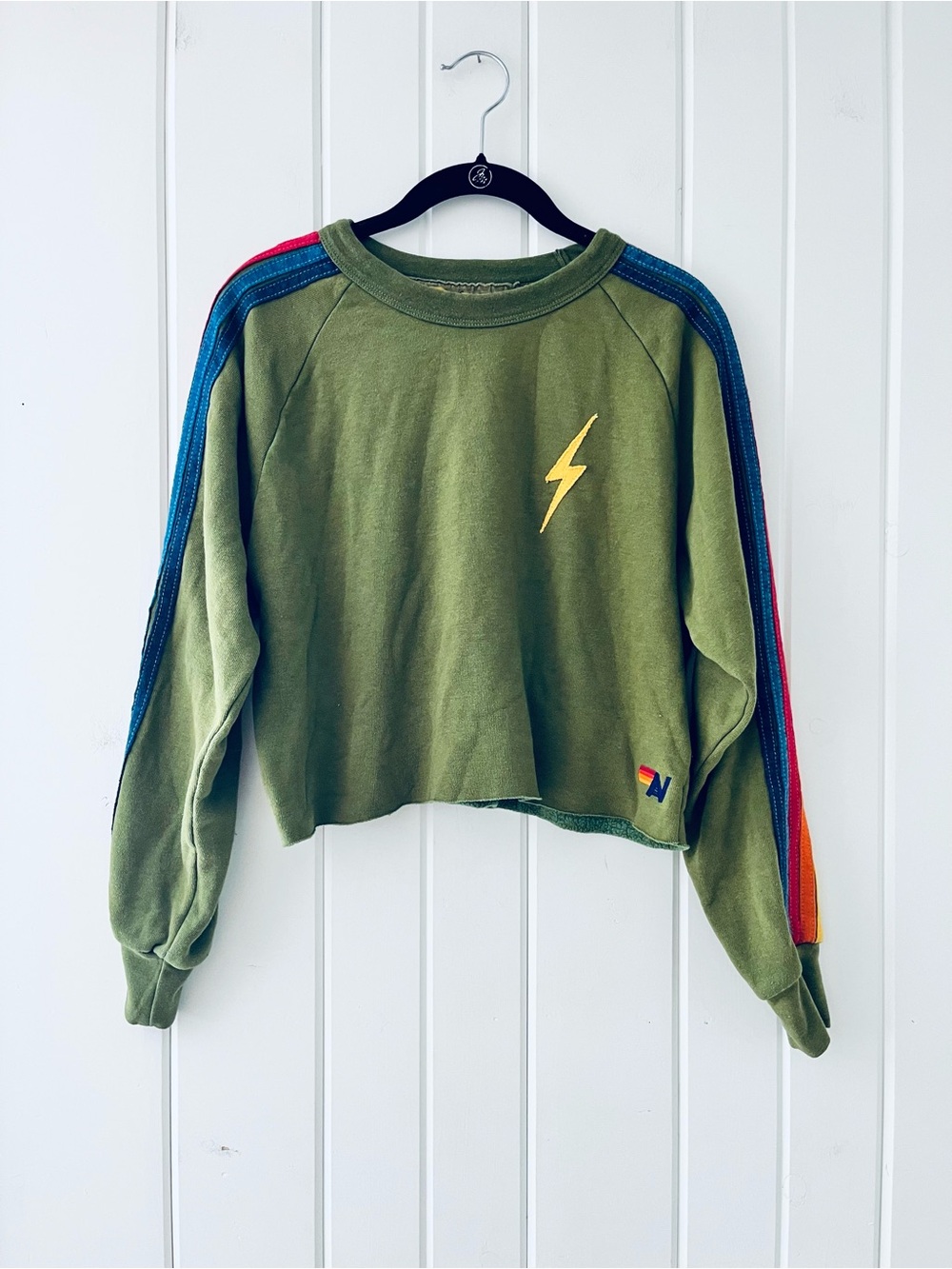 Aviator Nation Bolt Cropped Classic 5-Stripe Crewneck Sweatshirt, Sz S